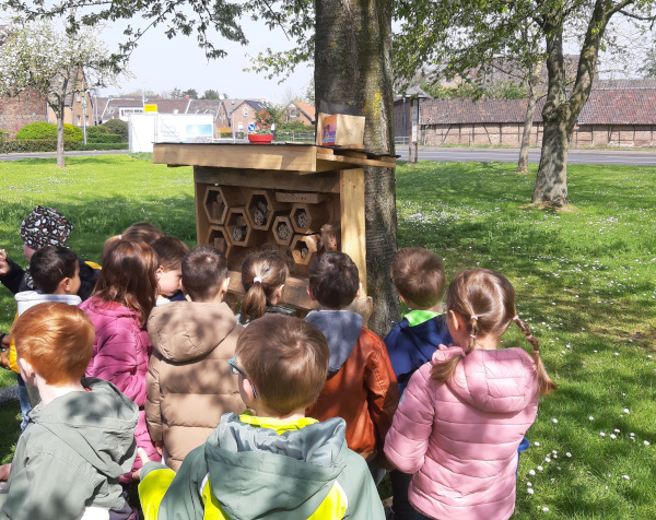 Kinder vor selbstgebauten Insektenhotel in Elsdorf